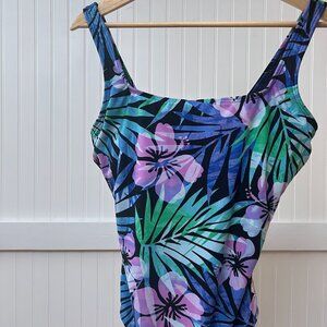 TYR One Piece Swimsuit Tropical Flowers Leaf Pattern Pink Purple Green